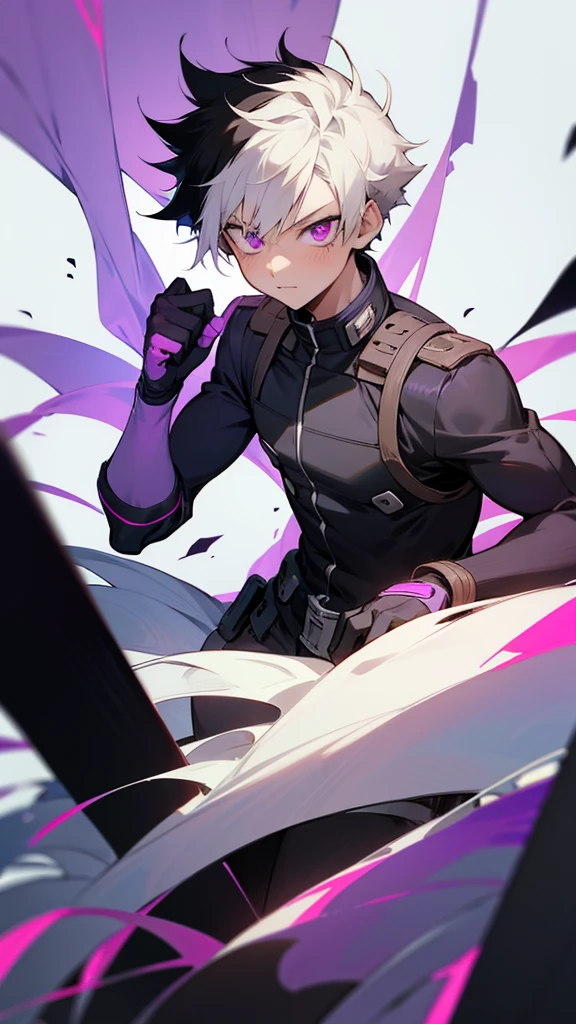 16 year old boy from Boku no hero Academia with short black and white hair with purple eyes on an anime hero mission