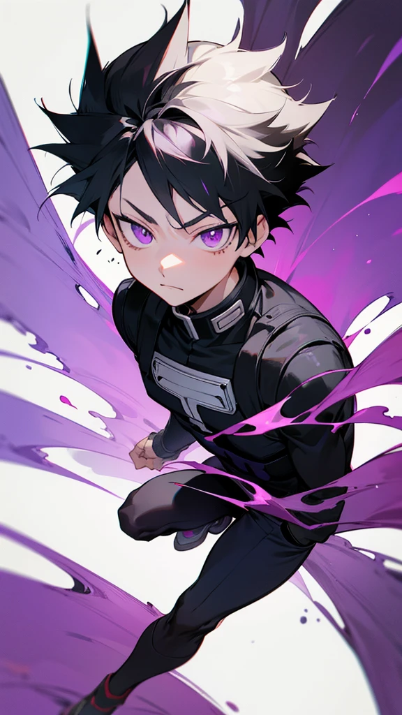 16 year old boy from Boku no hero Academia with short black and white hair with purple eyes on an anime hero mission