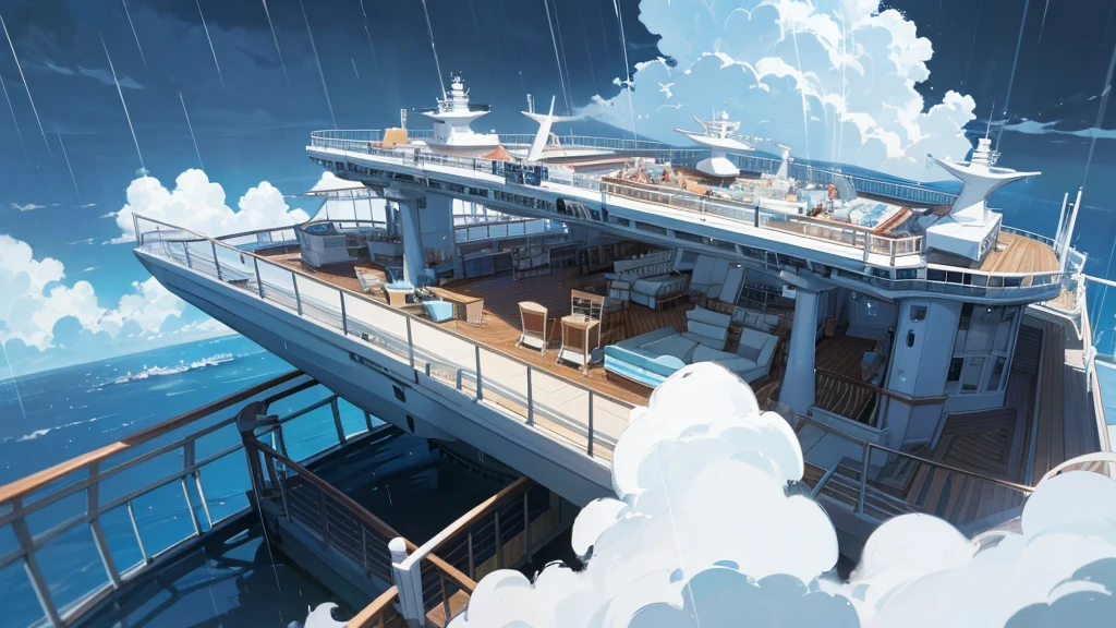Cruise ship deck, sky full of clouds, no one, rain