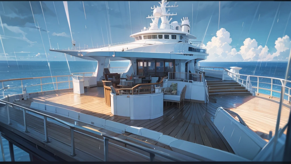 Cruise ship deck, sky full of clouds, no one, rain