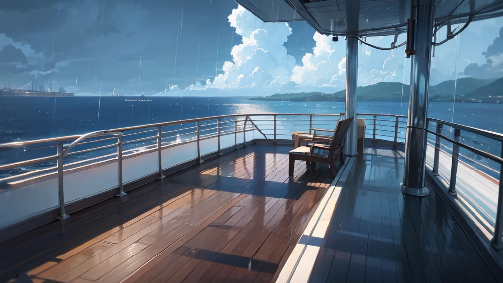 Cruise ship deck, sky full of clouds, no one, rain