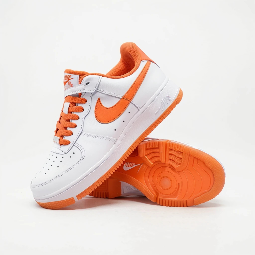 A detailed image of a Nike Air Force sneaker, side view, tilted with the back part elevated and the front tip touching the ground, iconic white leather, perforated toe box, Nike swoosh logo, thick rubber sole, detailed stitching, high-resolution, photorealistic, background: 100% white