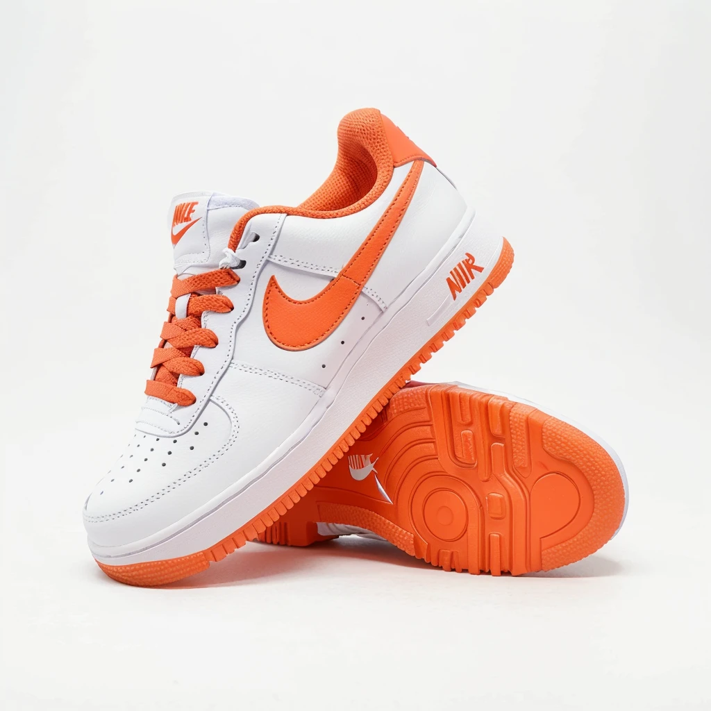 A detailed image of a Nike Air Force sneaker, side view, tilted with the back part elevated and the front tip touching the ground, iconic white leather, perforated toe box, Nike swoosh logo, thick rubber sole, detailed stitching, high-resolution, photorealistic, background: 100% white