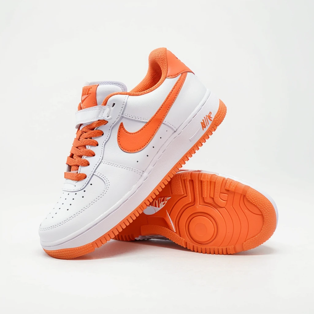 A detailed image of a Nike Air Force sneaker, side view, tilted with the back part elevated and the front tip touching the ground, iconic white leather, perforated toe box, Nike swoosh logo, thick rubber sole, detailed stitching, high-resolution, photorealistic, background: 100% white