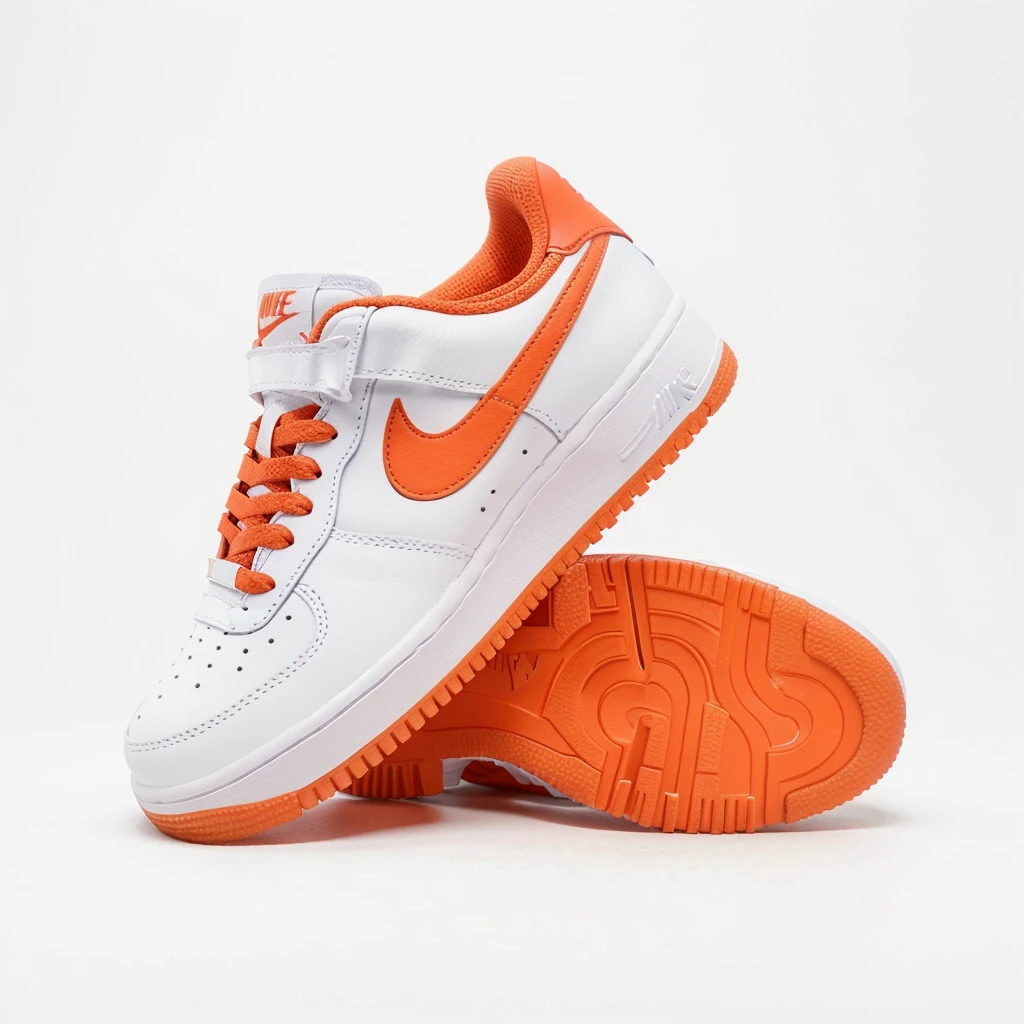A detailed image of a Nike Air Force sneaker, side view, tilted with the back part elevated and the front tip touching the ground, iconic white leather, perforated toe box, Nike swoosh logo, thick rubber sole, detailed stitching, high-resolution, photorealistic, background: 100% white