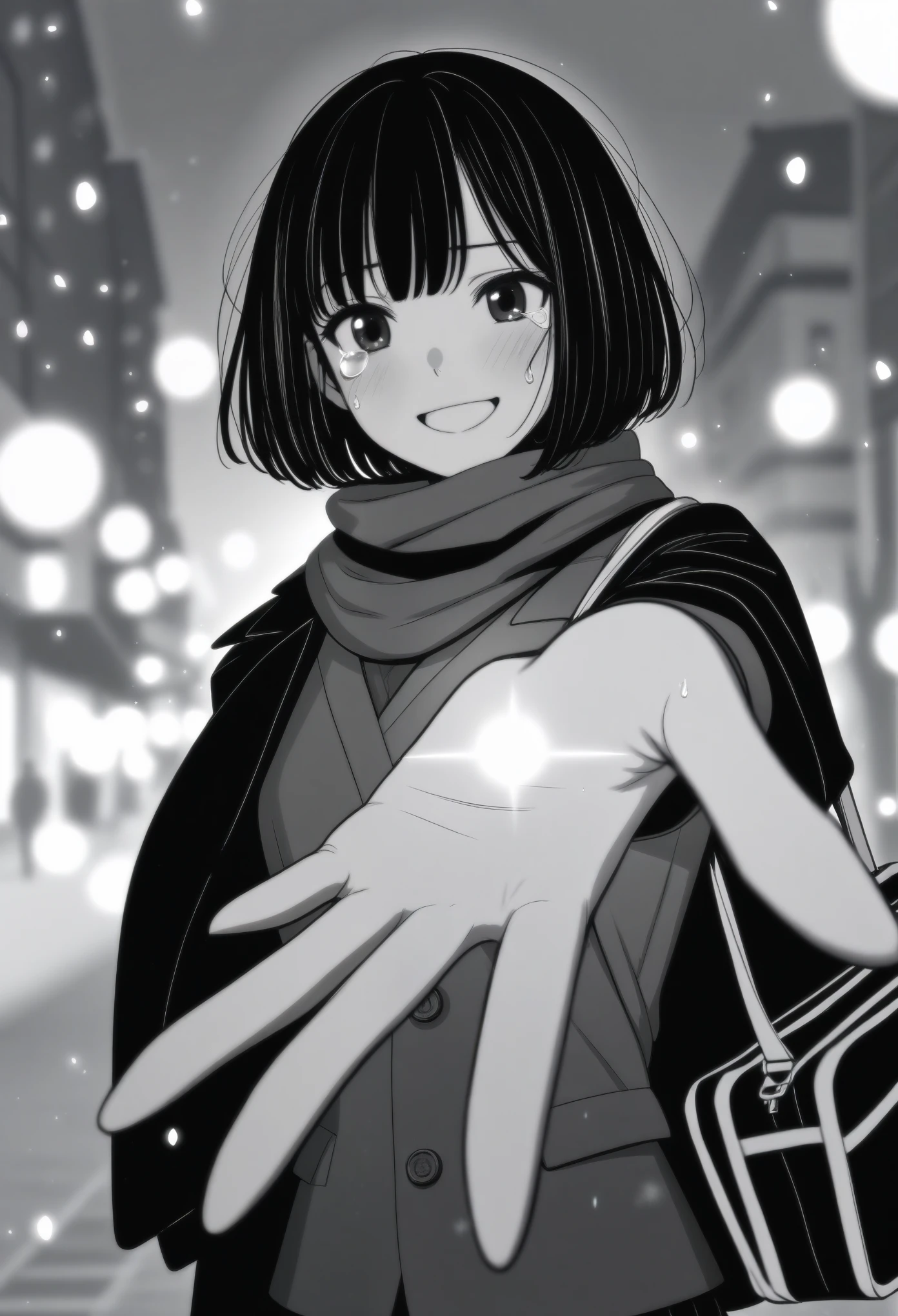 masterpiece, best quality, 1girl, mamerakkkkko, grayscale, manga style, japanese, chi no wadachi, black eyes, street, iced, black hair, schoolbag, smile, lineart, black coat, black scarf, black pleated skirt, leggins, centered, adult female:1.4, tall, fair skinned, bokeh background, crying, tears, tears streaming, bob cut, light particles, centered, snowing, (((reaching out left hand to viewer, perfect hand, detailed hand:1.1)), emotional anime scene