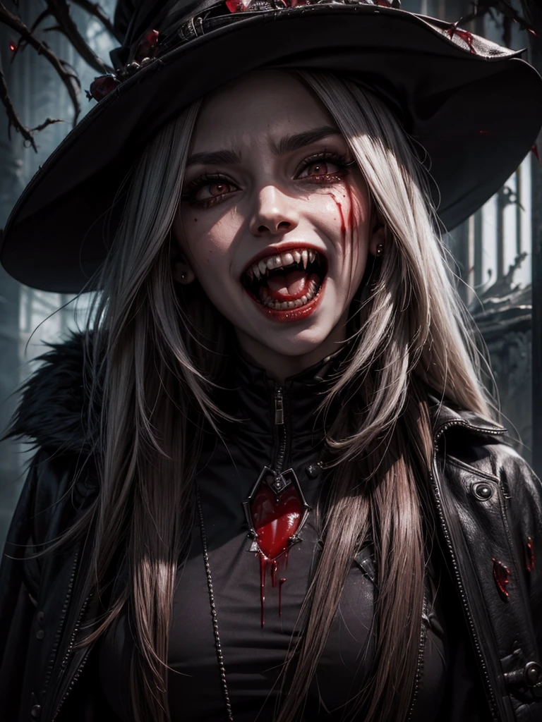 female vampire, bloody face, sharp vampire teeth (blood dripping from the canines), high detailed, outstanding, sharp focus, Realism