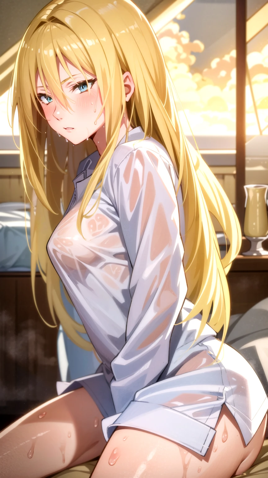 Masterpiece, best quality, very detailed, Ultra high resolution, (photorealistic:1.4), raw photos, (realistic:0.2), 1 girl, alone, long hair,,8k hdr, 1 girl,Blonde hair, shy ,sweat,steam,wet,wet, medium-large breast, bright eyes, , medium-small breasts,,Jean shirt ,,Have sex from behind ,, bedroom