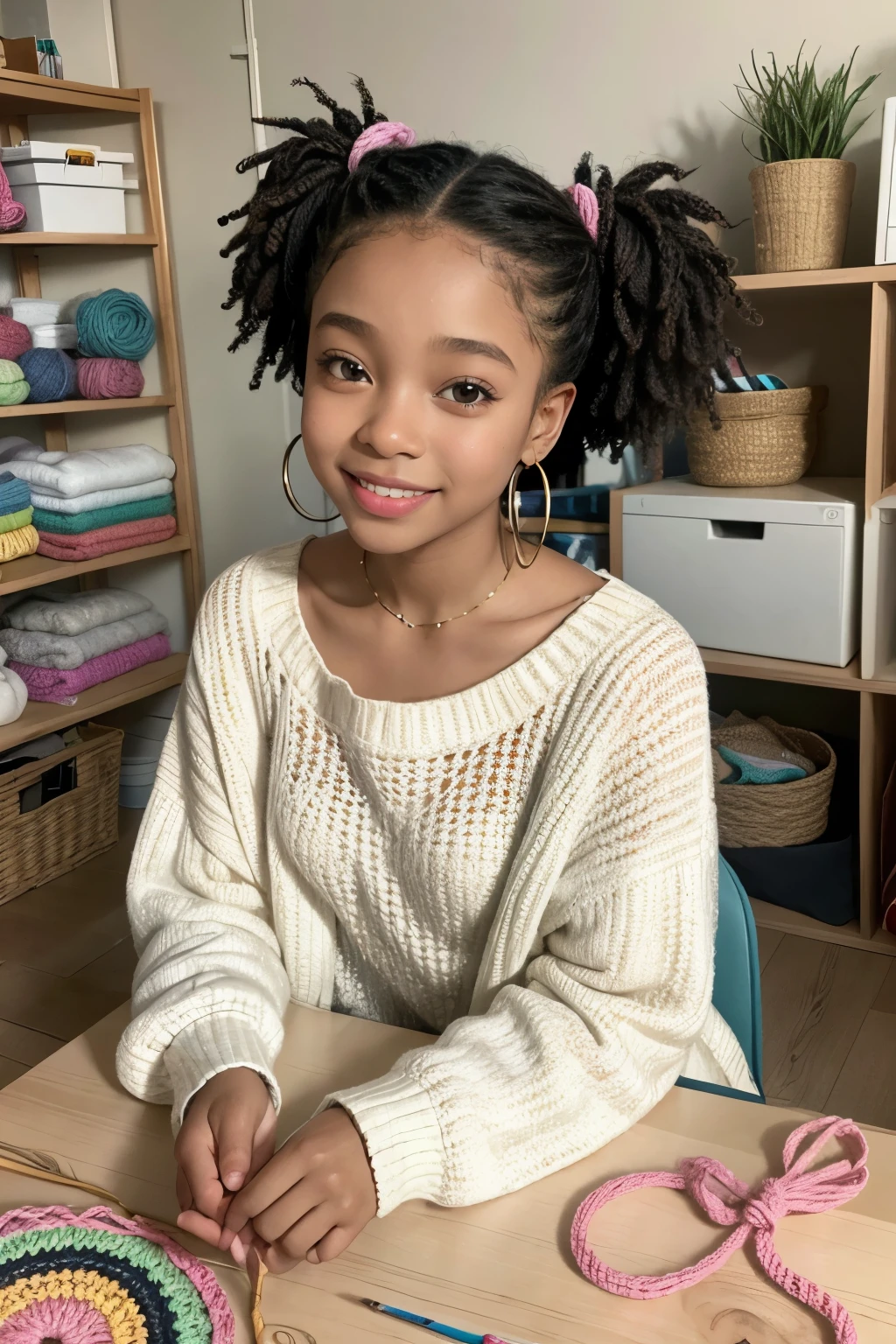 create a fun illustration of a happy and artistic young black girl in her studio with shelves in the background with threads and needles and with crochet earrings in her ears and hands