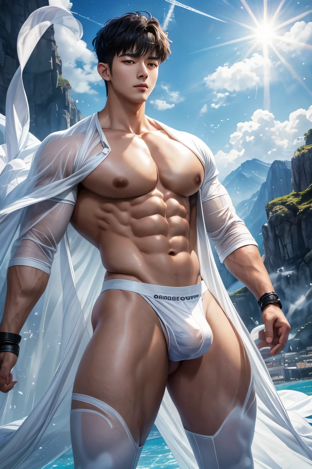 Realistic, High detailed, High quality, Cha Eun Woo, Photo of a handsome and cute boy (Korean guy who looks like a K-pop idol), 20 yo, Celestial city background, Full length portrait, A white flowing see-through clothes, A white fabric, A white flowing see-through underwear, Holy aura, Six-Pack, Standing, Looking at the camera, Big chest muscles, Narrow waist, Big hips, Big tight thighs, A short black hair with bangs, Male slim muscular man, Big bulge, Voluptuous crotch, Big fat ass, Big bubble butt, Light power, Fantasy, Action, Mystery and magic, White skin, Fight the enemy, Perfect face, Perfect body, Sparkling eyes, Flying on the sky