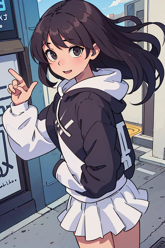 (best quality:0.8) perfect anime illustration, a pretty, happy woman with short curly brown hair on the street in the city, wearing a hoodie, skirt