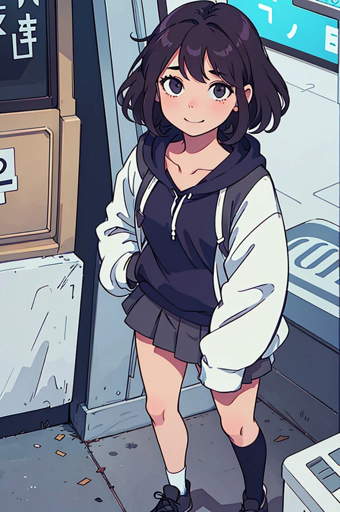 (best quality:0.8) perfect anime illustration, a pretty, happy woman with short curly brown hair on the street in the city, wearing a hoodie, skirt