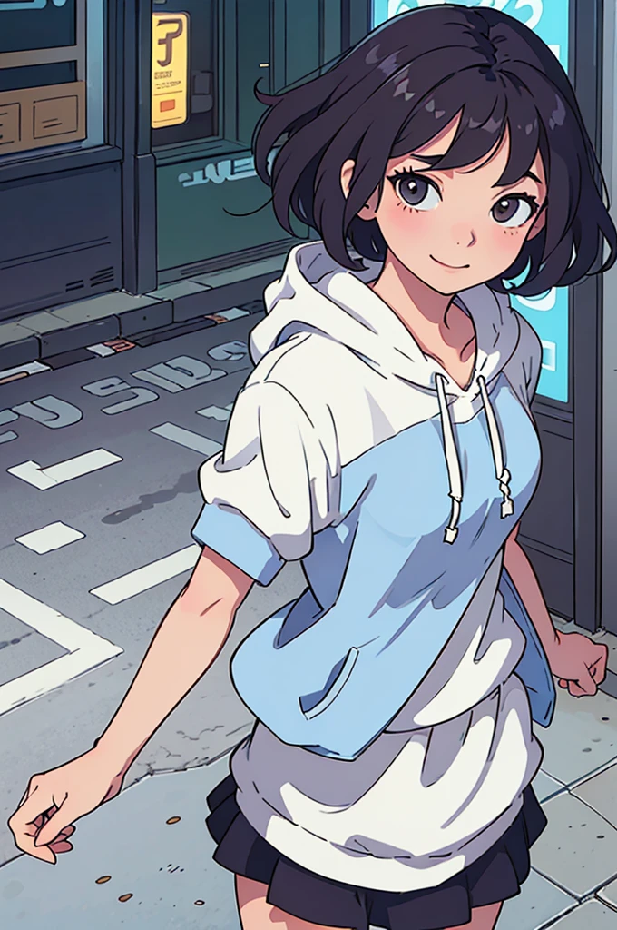 (best quality:0.8) perfect anime illustration, a pretty, happy woman with short curly brown hair on the street in the city, wearing a hoodie, skirt