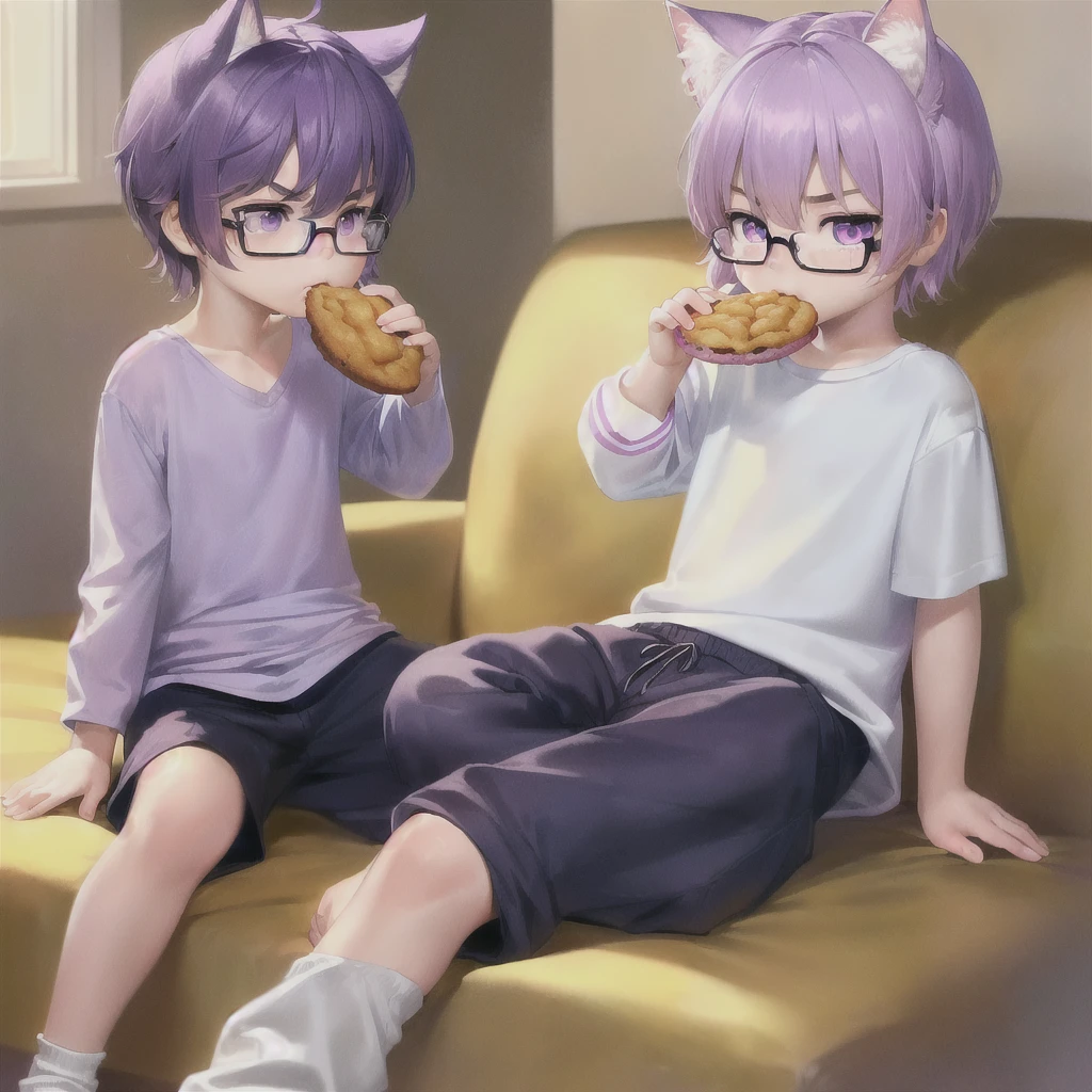 ((masterpiece)), (best quality), (ultra-detailed), photorealistic, (best illustration), ((an extremely delicate and beautiful)), 1boy, solo, medium hair, lilac cat ears, lilac hair, [:lilac cat tail under:0.2], full body, very young, Cute, angry, eating muffin, territorial, hiding food from viewer, purple eyes, shortstack, kid, Crumbs on cheeks, glasses, serious face, boyish face, young boy, shirt and pants, oversize clothes, lazy. 