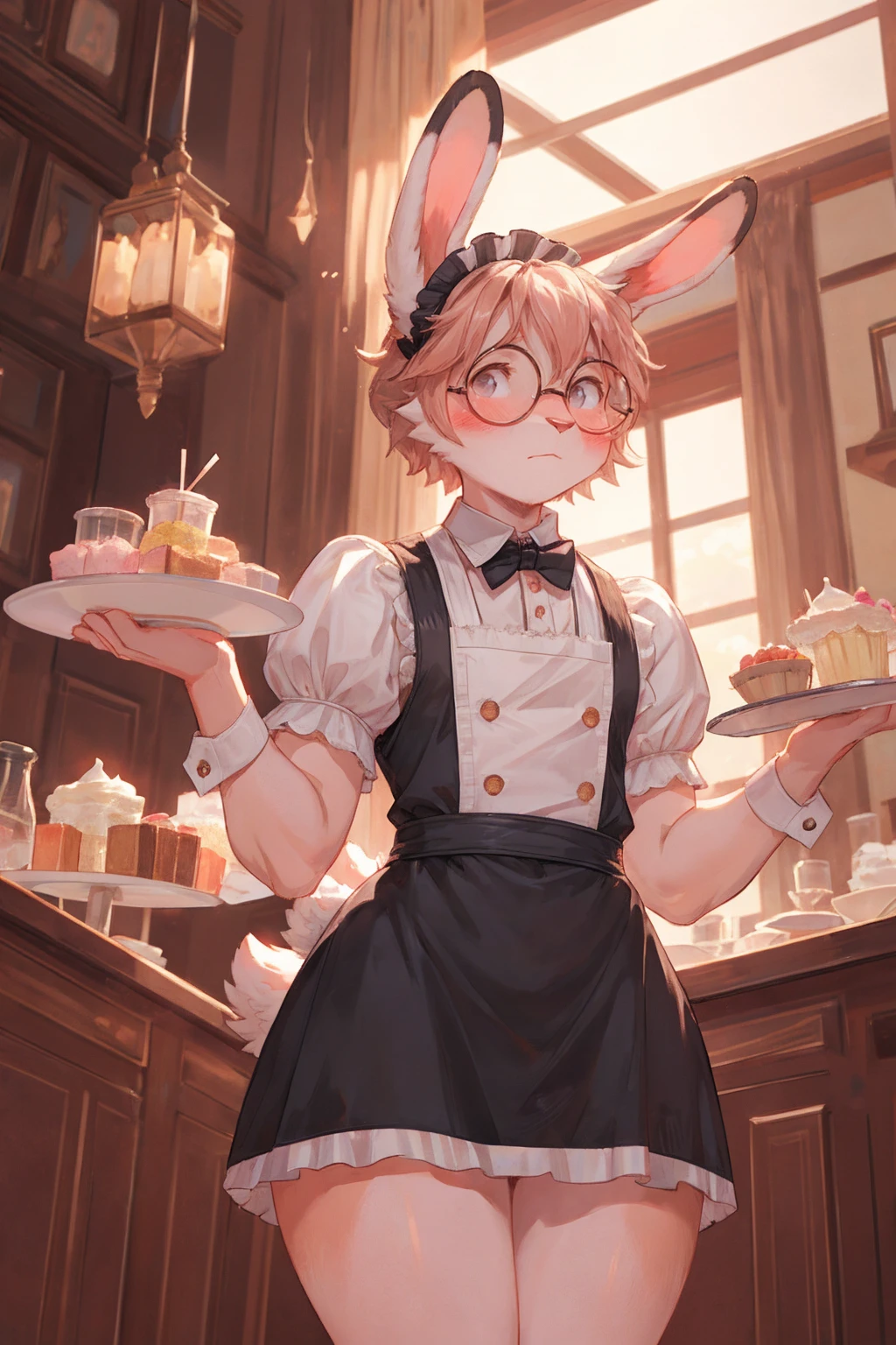rabbit, male, slim, thick thighs, light brown fur, handsome, wearing frilly top, extremely short mini skirt, maid, full body, pastel, soft light, wide hips, round glasses, waiter, serving sweets, low angle, blushing, embarassed, plump thighs, pastel pink, cute pose