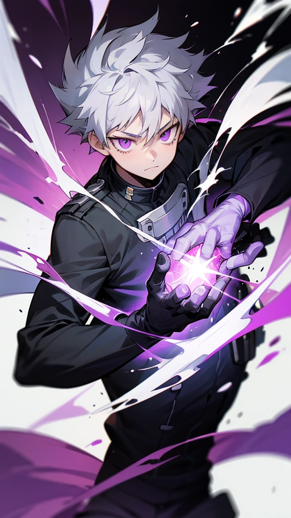  boy from Boku no hero Academia with short black and white hair with purple eyes on an anime hero mission with black superpower