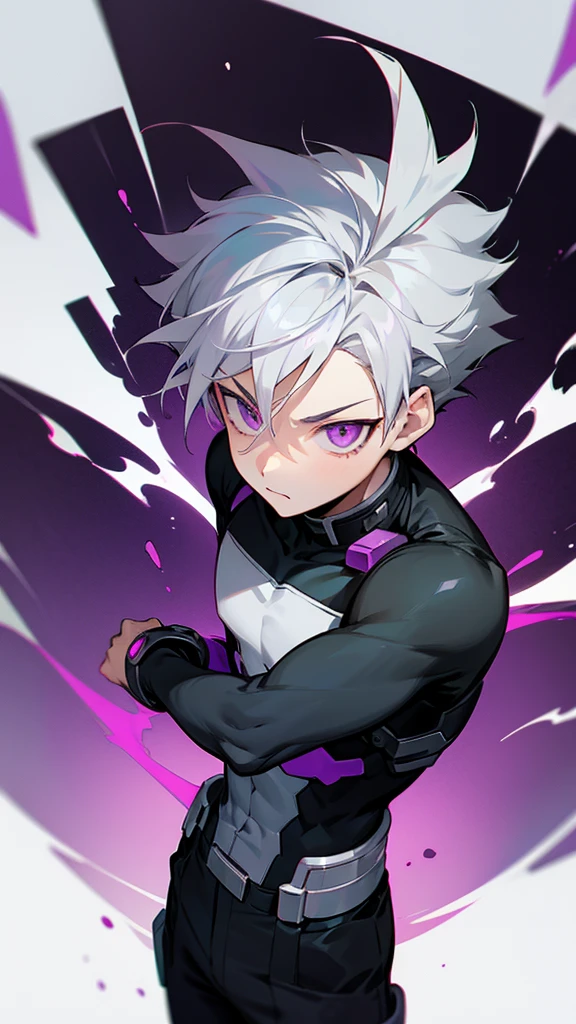 16 year old boy from Boku no hero Academia with short black and white hair with purple eyes on an anime hero mission with black superpower