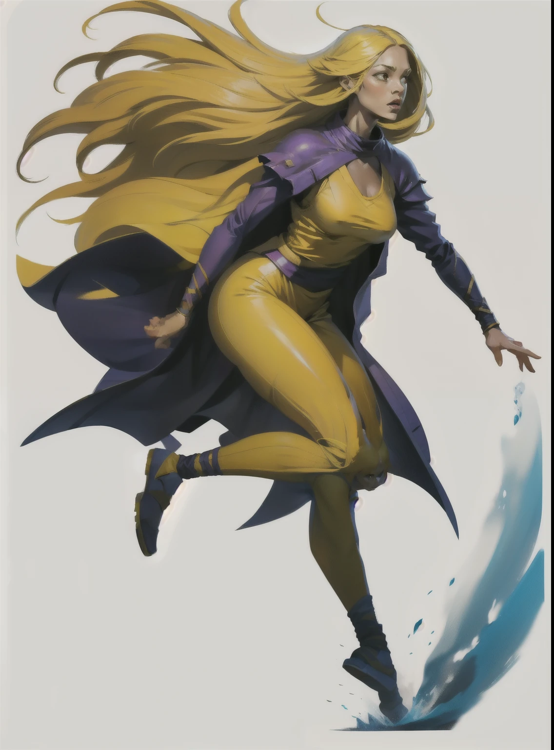 I want a character with a white background, png, full body image, a woman flying low, with wind in her long yellow hair and a bright look.
