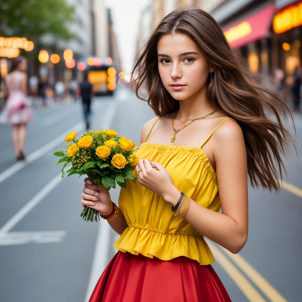 ((best qualityer)),((work of art)),((realisitic)),portrait of a 17 year old woman,[captivating brown eyes],brown hair[old and worn dress], holding red and yellow flowers with a beautiful bracelet on her arm, well highlighted in the middle of the street:1.3),[Busy street scenery,(capturing beauty and art:1.2),(8k resolution:1.2),