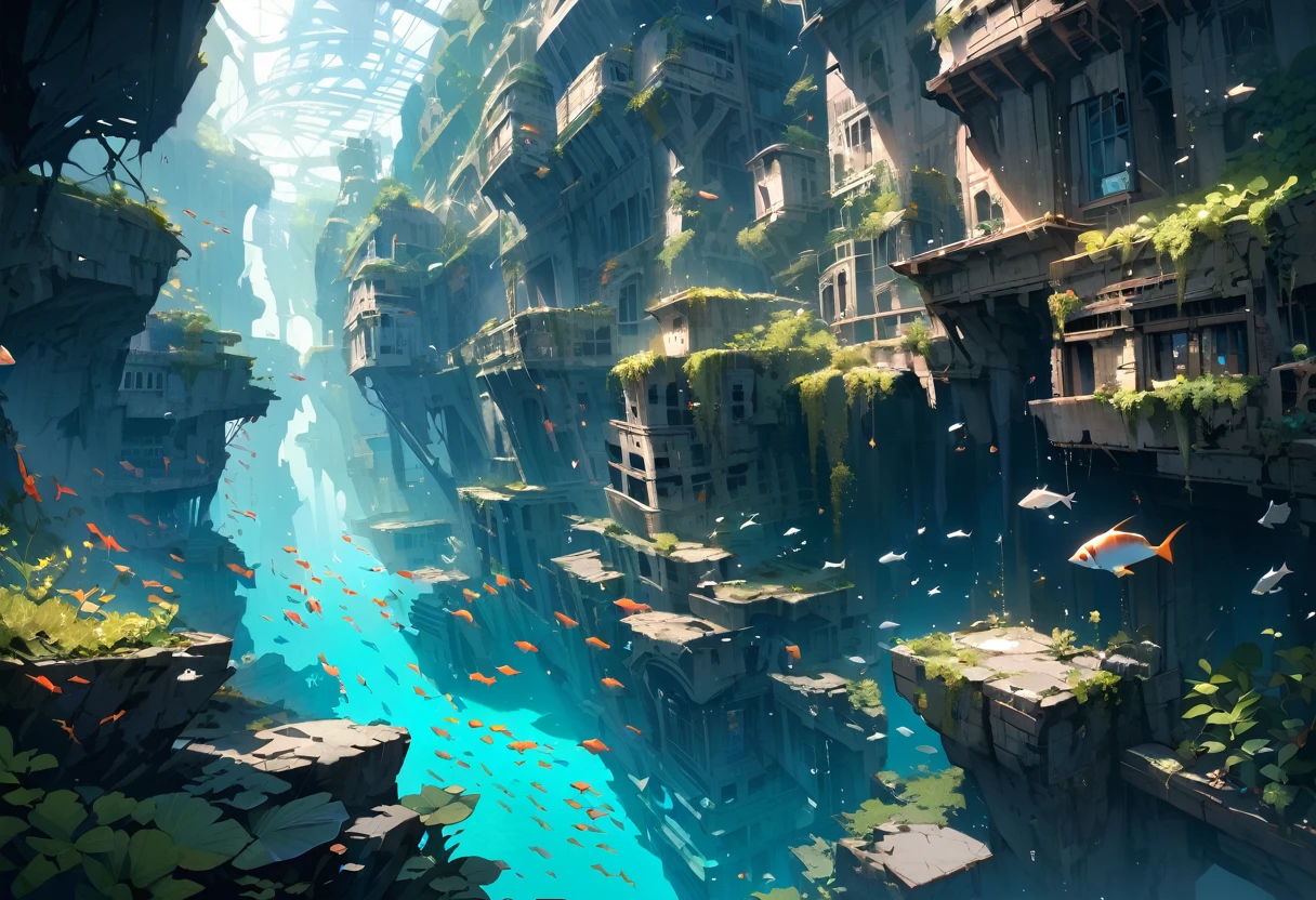 Abandoned underwater city,Fish swimming,There is no one here,Highest quality,masterpiece,「Air bubbles