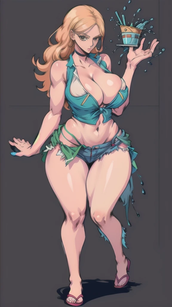 (full body), full body in image, full nami from one piece, nico robin clothes, fusion of nami and nico robin from one piece, full woman, wrap skirt, sarong,. (canga, wrap skirt, sarong), Jeans short, short jeans,. (short jeans, jeans)
