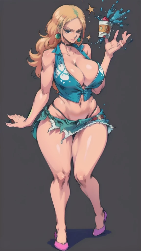 (full body), full body in image, full nami from one piece, nico robin clothes, fusion of nami and nico robin from one piece, full woman, wrap skirt, sarong,. (canga, wrap skirt, sarong), Jeans short, short jeans,. (short jeans, jeans)
