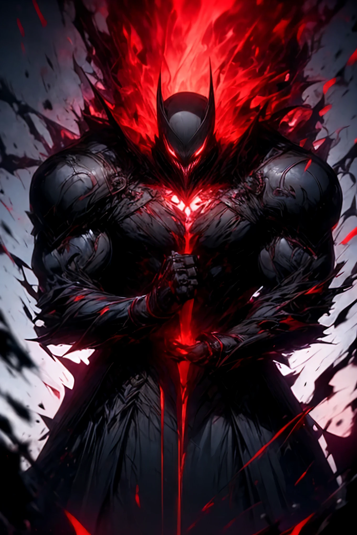 Dark and brooding, the Berserk's Dark Knight emerges from the shadows, clad in his menacing armor. His long, wild hair cascades behind him, a stark contrast to the sleek, ominous armor that covers his muscular physique. His piercing, blood-red eyes glower, revealing a fierce intensity that sends a shiver down your spine. The dimly lit background is blurred, adding to the overall sense of suspense and danger. This masterfully crafted image, reminiscent of an epic anime, encapsulates the chaotic and brutal world of the Berserk series.