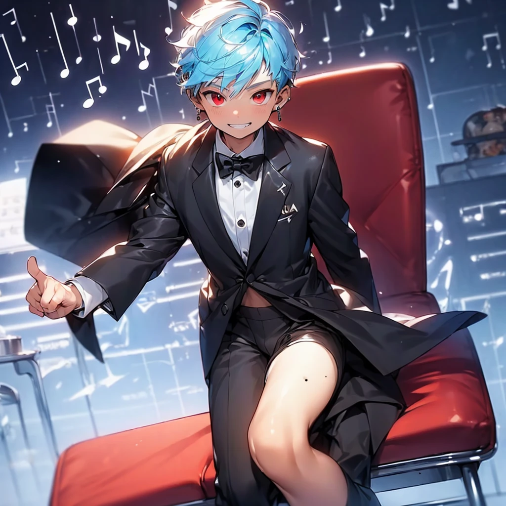 (solo:2.5), (boldline:-1.7), (put index finger on mouth:1.5), (floating musical notes:1.7), (sitting on red chair:1.5), (((fang))), (((best finger))), BREAK (best quality:1.5), (absolutely resolution:1.5), (ultra detailed:1.5), (masterpiece:1.5), (perfect face), (detailed face), (detailed eyes:1.3), (best eyes), (cute face), (shota:2), BREAK (tuxedo:1.5), (bulge:1.6), (skinny:1.3), BREAK (light blue hair:1.5), (spiked hair), (wine red eyes:1.4), (eyes with highlight:1.6), ((mole under eye)), (sweaty skin), (grin:1.5), ((earrings)), (shiny skin:1.3), BREAK (concert hall:1.5), (spot light:1.3), (at concert), (many people), ((wind blowing)), frow below,
