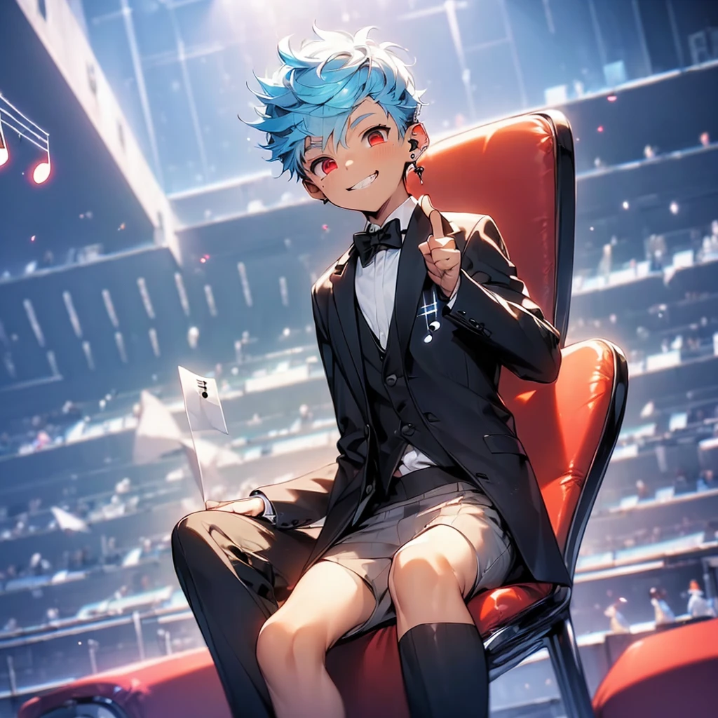 (solo:2.5), (boldline:-1.7), (put index finger on mouth:1.5), (floating musical notes:1.7), (sitting on red chair:1.5), (((fang))), (((best finger))), BREAK (best quality:1.5), (absolutely resolution:1.5), (ultra detailed:1.5), (masterpiece:1.5), (perfect face), (detailed face), (detailed eyes:1.3), (best eyes), (cute face), (shota:2), BREAK (tuxedo:1.5), (bulge:1.6), (skinny:1.3), BREAK (light blue hair:1.5), (spiked hair), (wine red eyes:1.4), (eyes with highlight:1.6), ((mole under eye)), (sweaty skin), (grin:1.5), ((earrings)), (shiny skin:1.3), BREAK (concert hall:1.5), (spot light:1.3), (at concert), (many people), ((wind blowing)), frow below,