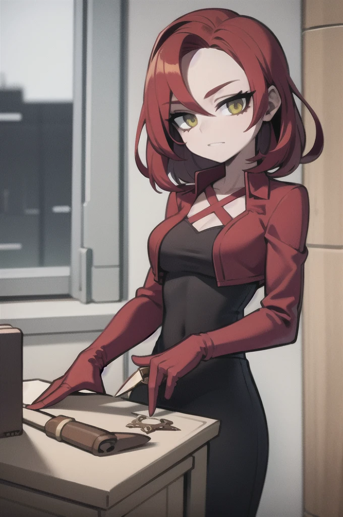 red hair,worn clothes, sharp dagger, 1 girl