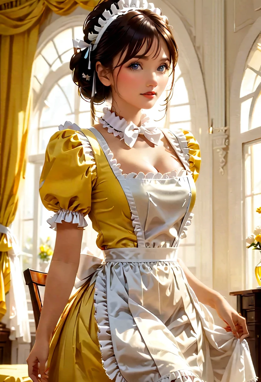 (masterpiece), (Highest quality), (Super detailed), image_type: Portraiture | Sexy big cleavage: fashion | emotion: elegant | scene: A young girl in a yellow and white maid outfit stands elegantly in an elegantly decorated interior room | Beautiful light, Calm mood,Look to the side