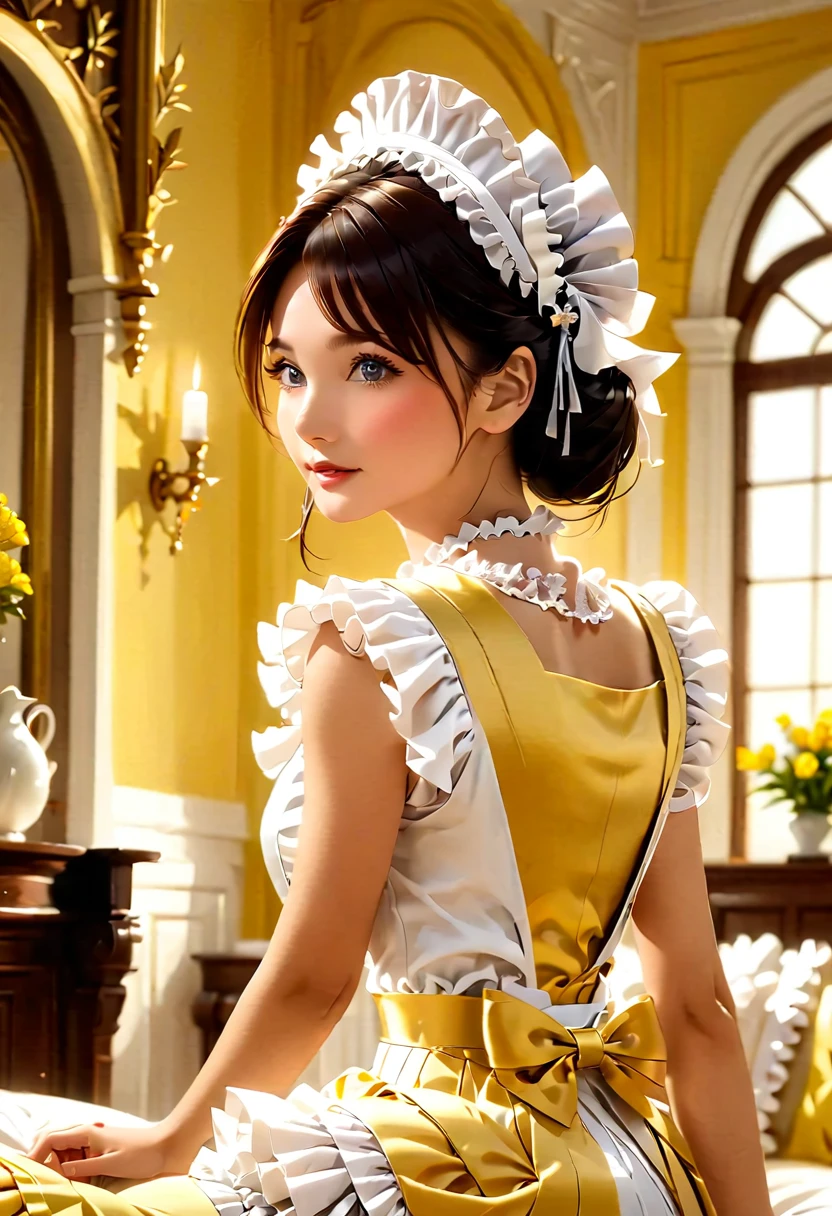 (masterpiece), (Highest quality), (Super detailed), image_type: Portraiture | Sexy big  cleavage: fashion | emotion: elegant | scene: A young girl in a yellow and white maid outfit stands elegantly in an elegantly decorated interior room | Beautiful light, Calm mood,Look to the side