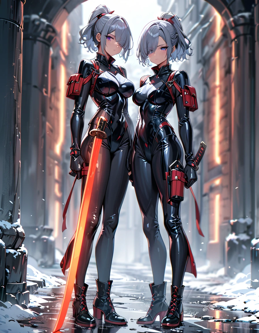 (masterpiece), highly detailed, (best quality), high quality, 1girl, (solo, solo focus), purple eyes, beautiful detailed eyes, beautiful detailed face, (perfect hands, complete fingers), perfect anatomy, perfect proportions, (short hair, (ponytail hair), grey hair), (hair over one eye:1.3), (using katana sword), detailed shadows, detailed light, (black skintight bodysuit, (black leotard), shoulder holster), (full black pantyhose, skintight black leggings), matching boots, full body, serious, cowboy shot, snowy alleyway backdrop. full body costume design.
