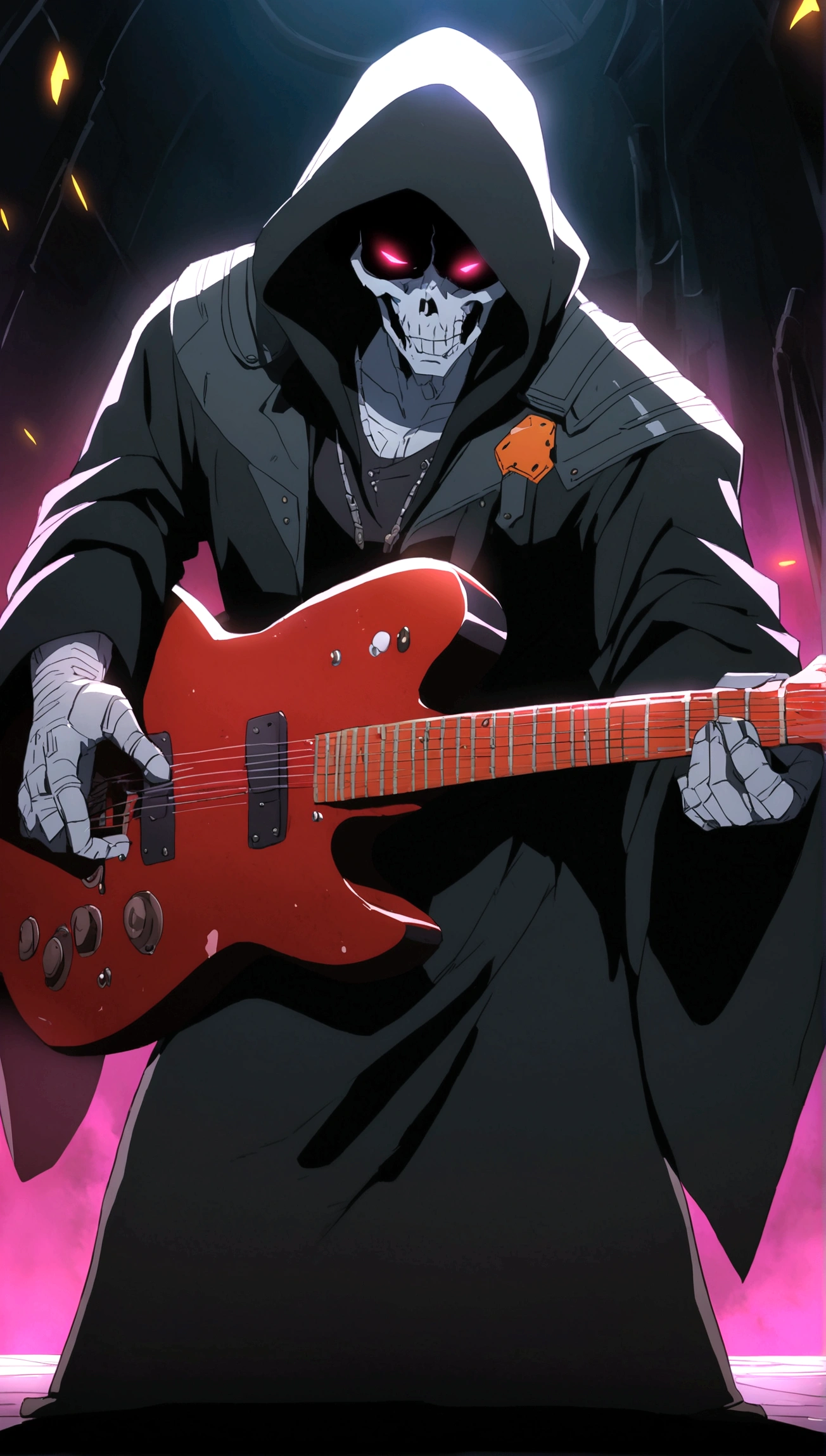 Grim reaper, anime, man, cyberpunk, playing guitar, rage
