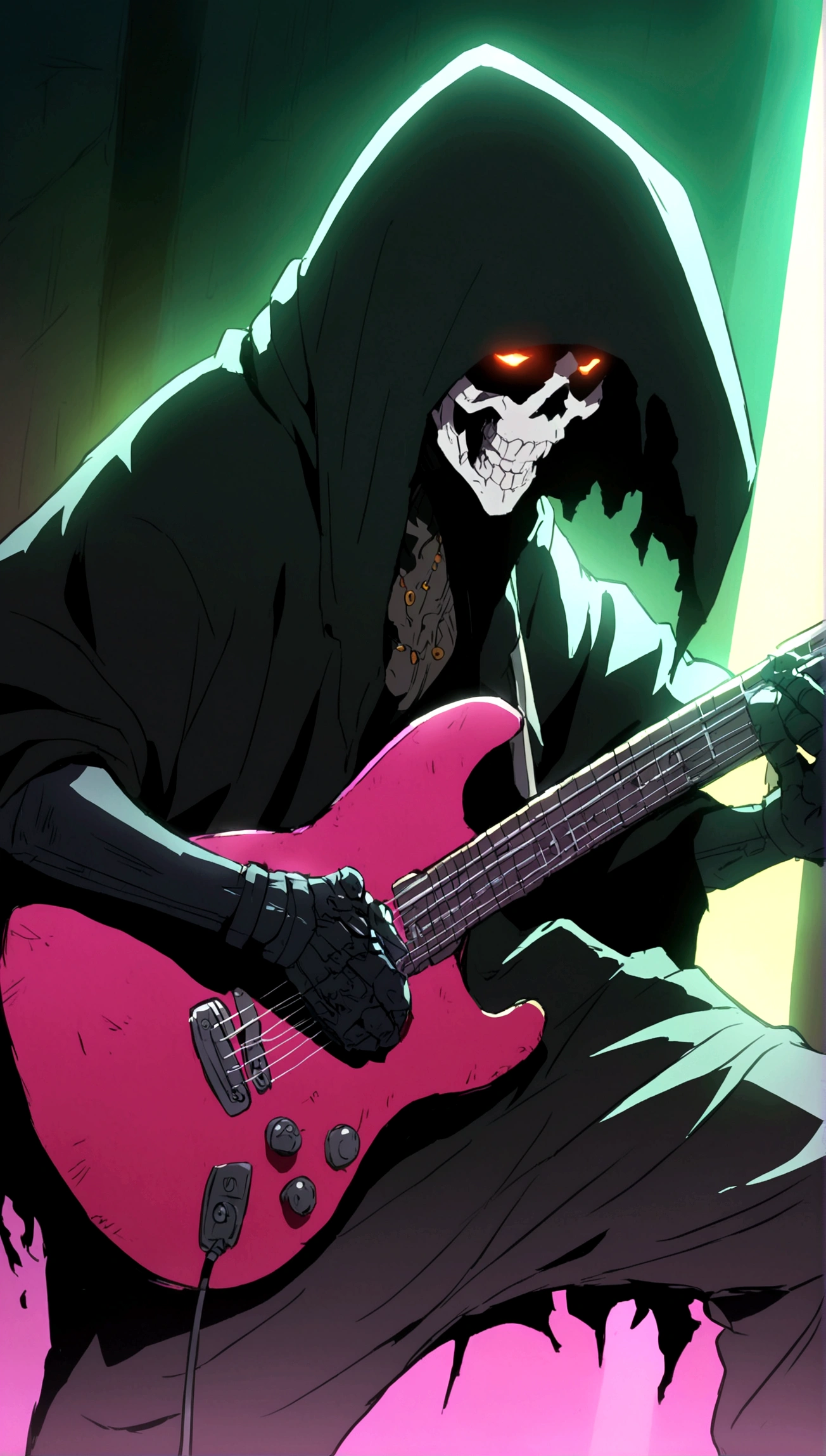 Grim reaper, anime, man, cyberpunk, playing guitar, rage
