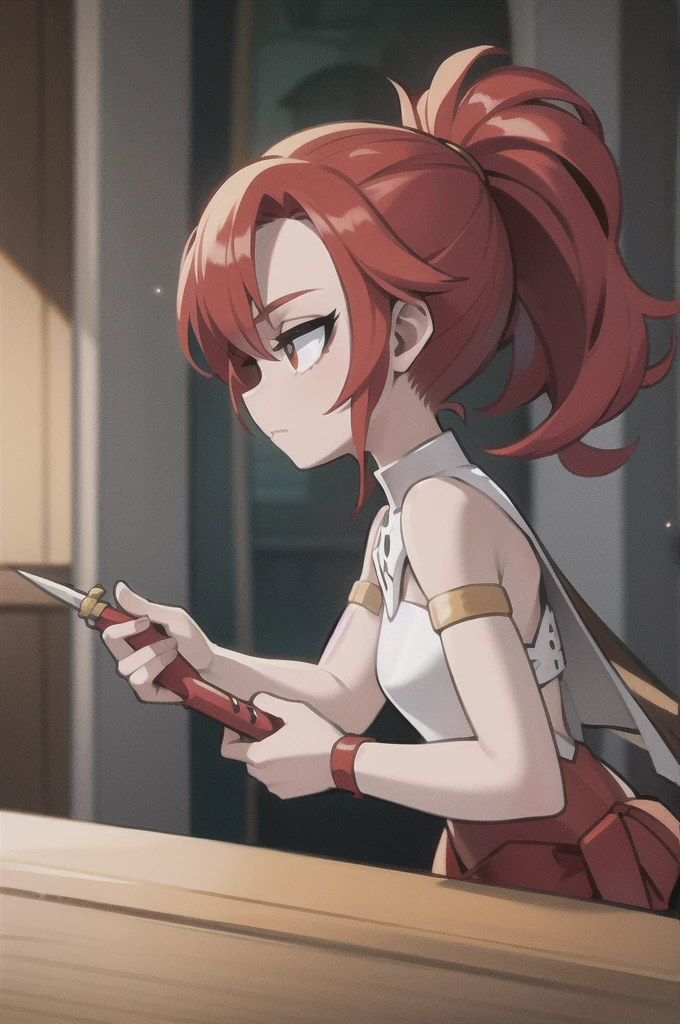 red hair, medieval, sharp dagger, 1 girl, lower class