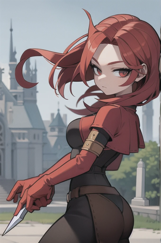 red hair, medieval, sharp dagger, 1 girl, lower class