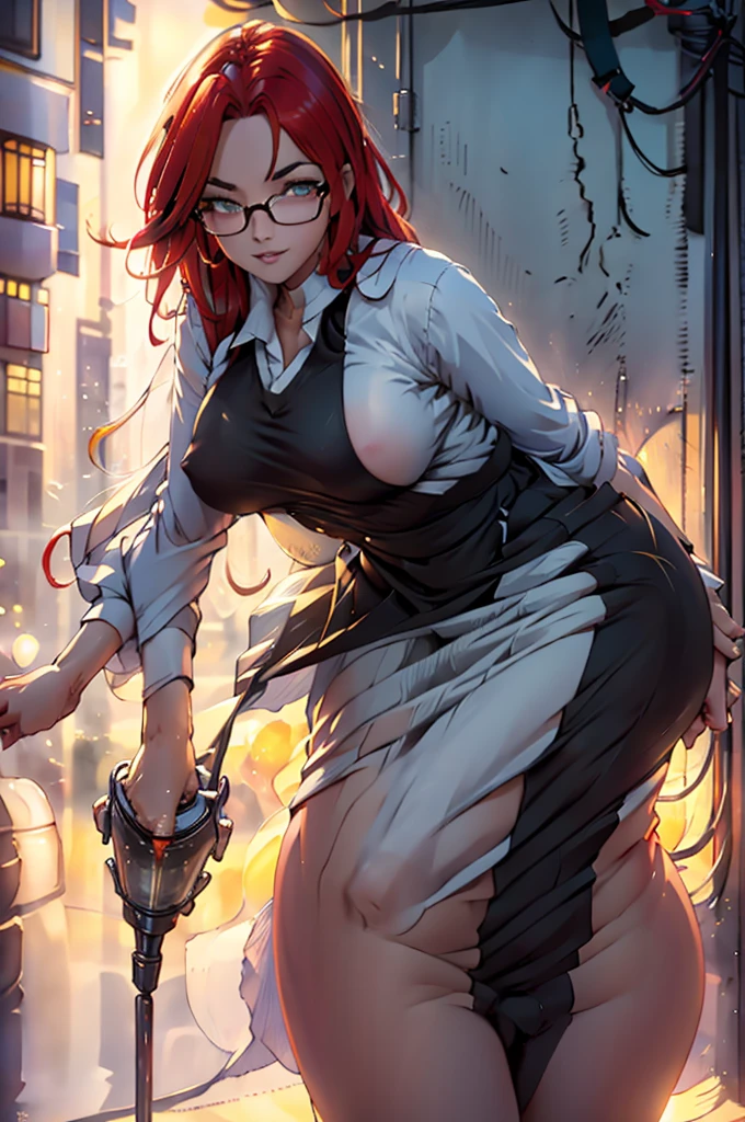 ((work of art, best qualityer)), Aston Machan (umamusume),, ssmile, breasts big, trunk, , long sleeves, white shirt, volantes, green skirt, button, black thighighs, suspender, , glasses, glasses com armação vermelha, red hat crown, , crazy eyes, glowing eye, , nsfw