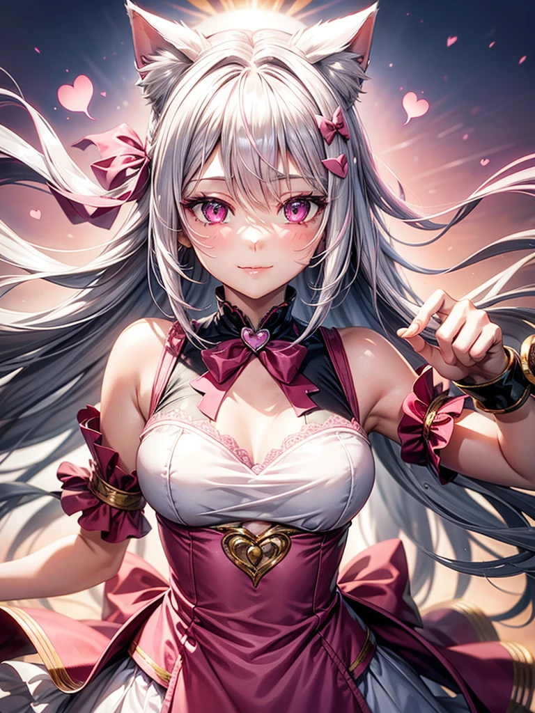 Silver hair, pink eyes, woman, sun sky background, red pink clothes, hair bows, happy face, sexy, cat ears, hearts, heart shapes, floating hearts