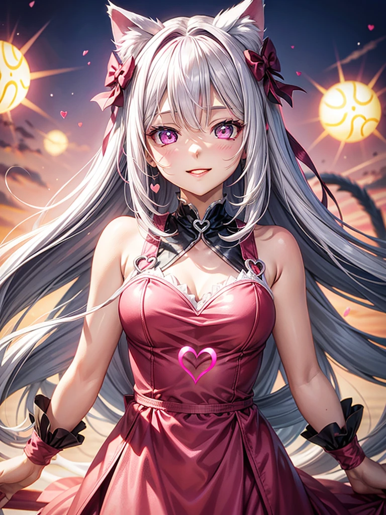 Silver hair, pink eyes, woman, sun sky background, red pink clothes, hair bows, happy face, sexy, cat ears, hearts, heart shapes, floating hearts