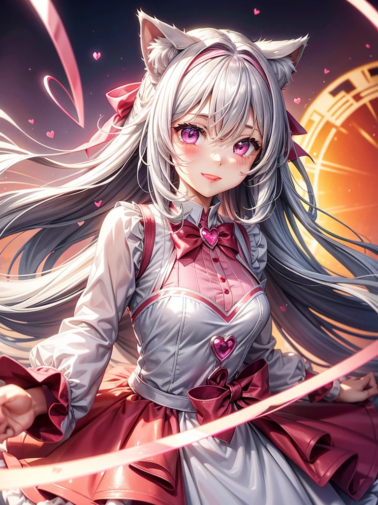 Silver hair, pink eyes, woman, sun sky background, red pink clothes, hair bows, happy face, sexy, cat ears, hearts, heart shapes, floating hearts