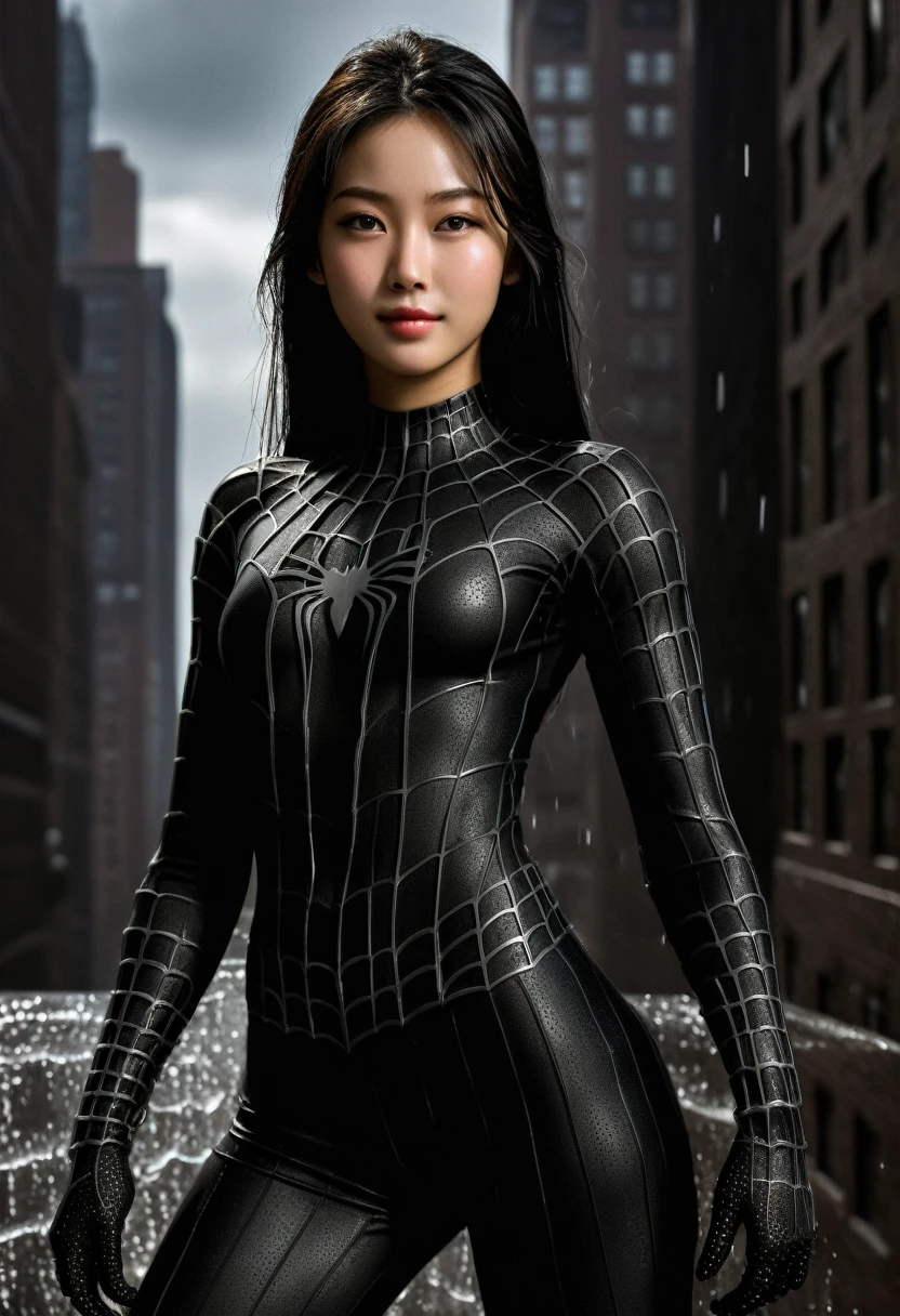 score_9, score_8_up, score_7_up, best quality, realistic, masterpiece, beautiful detail, hyperrealistic, (1girl, woman body, smile), big breasts, amazing detailed full body portrait of a beautiful ulzzang girl, wearing a realistic and highly detailed black raimi spider-man suit, ((huge muscular girl)), professional model wears ultra - detailed black raimi spider - man suit, ultra - detailed and grained black raimi spiderman suit, suit covered entire body and hand, black spiderman gloves, wet, (seductive pose), (full body), (dirty skin), close up, octane render, highly detailed, volumetric, dramatic lighting, (highest quality:1.1), (HDR:1.3), (top quality, best quality), realistic, high definition,
