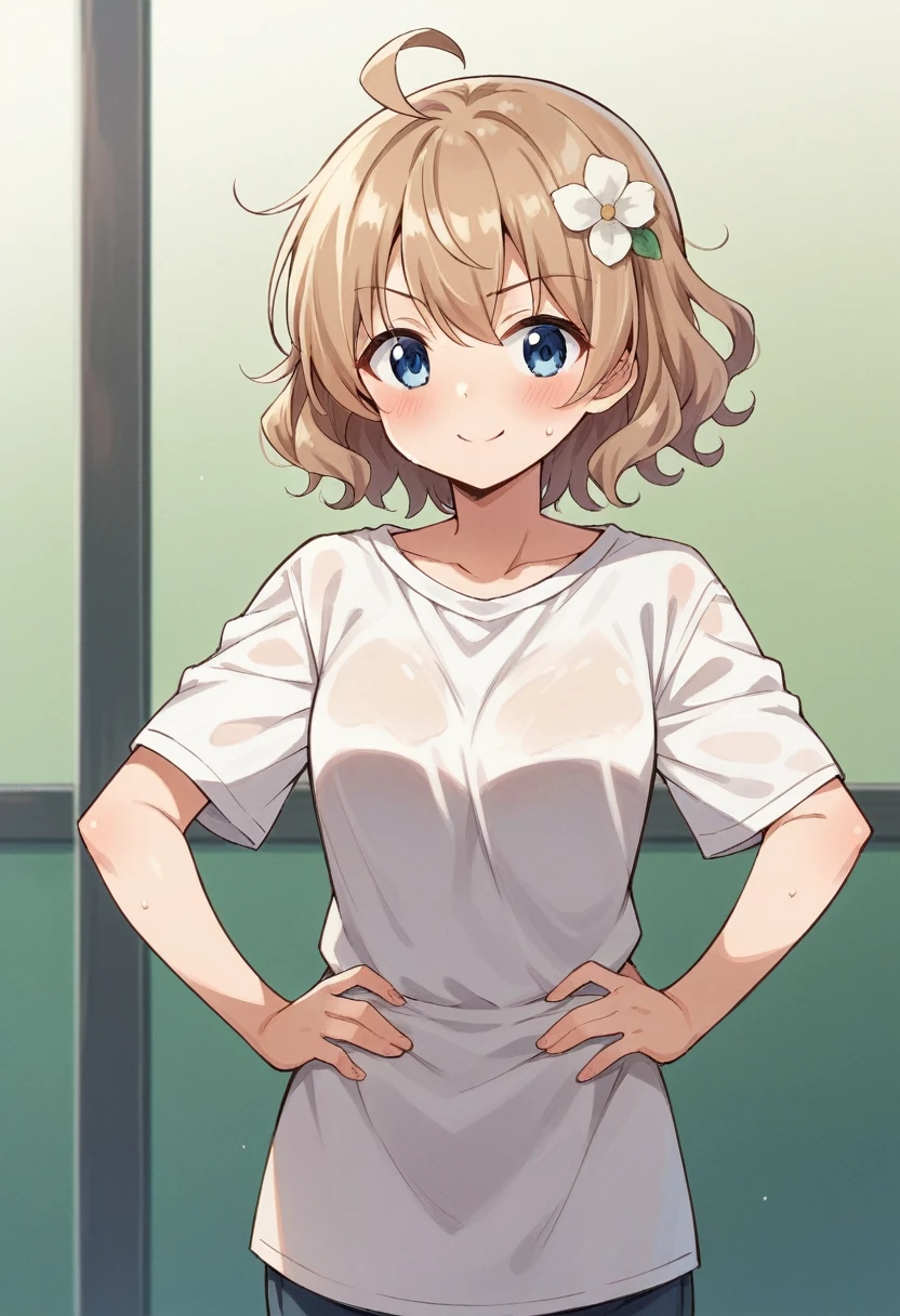Sweaty Momoko, casual, まっすぐAre standing, White flower, smile, short hair, , light Brown Hair, Brown Hair, clavicle, Wavy Hair, Holding, Mouth closed, blue eyes, blush, One girl, Hair Flowers, V-shaped eyebrows, hair ornaments, Ahoge, Are standing,, Eyebrows visible through hair,, Hands on hips, indoor ,??がAre standing,Small areola,Upper body naked