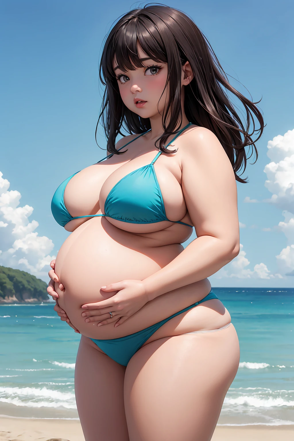 Highest quality, solo, Obese woman, overweight, really fat, large breasts, spherical pregnant belly, beautiful Chubby face, long hair with bangs, bikini, standing, beach, shocked