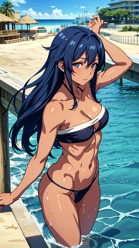 av idol, 32-years-old dark tan skin with long blue hair and eyes Wearing a Strapless Swimsuits, beach pier background, splashing in the water, back turned