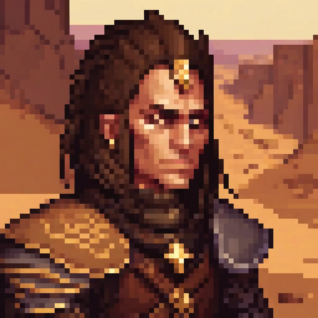 natural lighting, Pixel Art, PixArFK . best quality, portrait, looking down, solo, half shot, detailed background, detailed face, (arid middle-eastern desert theme:1.1), smirk, thug,     elaborate dark leather clothes,   hood, small leather pouch,  high fantasy medieval setting, dark port pier background, stealth,   secret,       fog,, steel quadrangular castle, moonstone turrets, sphinx, A vast and desolate wasteland, where the wind howls like a mournful spirit across the cracked earth, HDR, realistic lighting