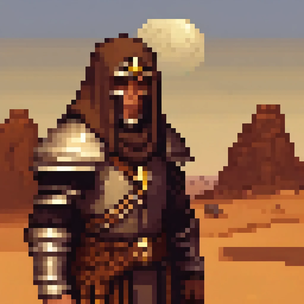 natural lighting, Pixel Art, PixArFK . best quality, portrait, looking down, solo, half shot, detailed background, detailed face, (arid middle-eastern desert theme:1.1), smirk, thug, elaborate dark leather clothes, hood, small leather pouch, high fantasy medieval setting, dark port pier background, stealth, secret, fog,, steel quadrangular castle, moonstone turrets, sphinx, A vast and desolate wasteland, where the wind howls like a mournful spirit across the cracked earth, HDR, realistic lighting
