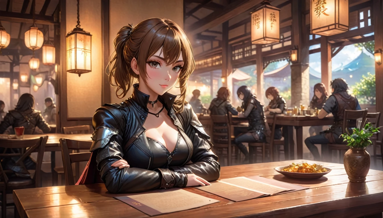 anime scene of a woman in leathers sitting at a table, artwork in the style of guweiz, guweiz, hyperrealistic d & d fantasy art, relaxing concept art, 2. 5 d cgi anime fantasy artwork, wlop and krenz cushart, warm fantasy lighting, best on wlop, fantasy gorgeous lighting