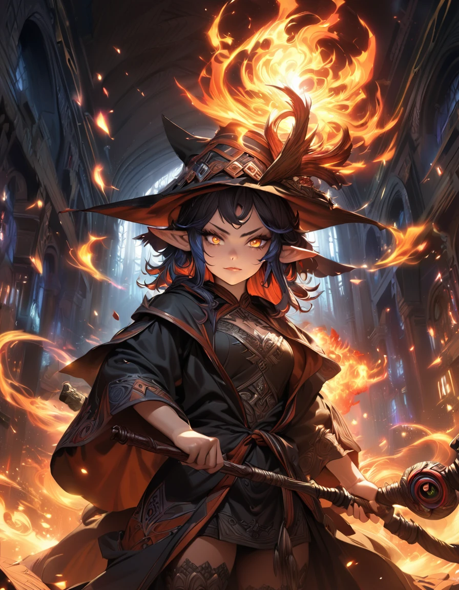 A cute hot elf girl fire mage, dramatic explosions of fire magic, mage hat, smirky expression, battle stance, dark robe, mage staff, detailed face, beautiful detailed eyes, beautiful detailed lips, extremely detailed eyes and face, long eyelashes, intricate details, masterpiece, 8k, ultra-detailed, photorealistic, concept art, vibrant colors, dramatic lighting