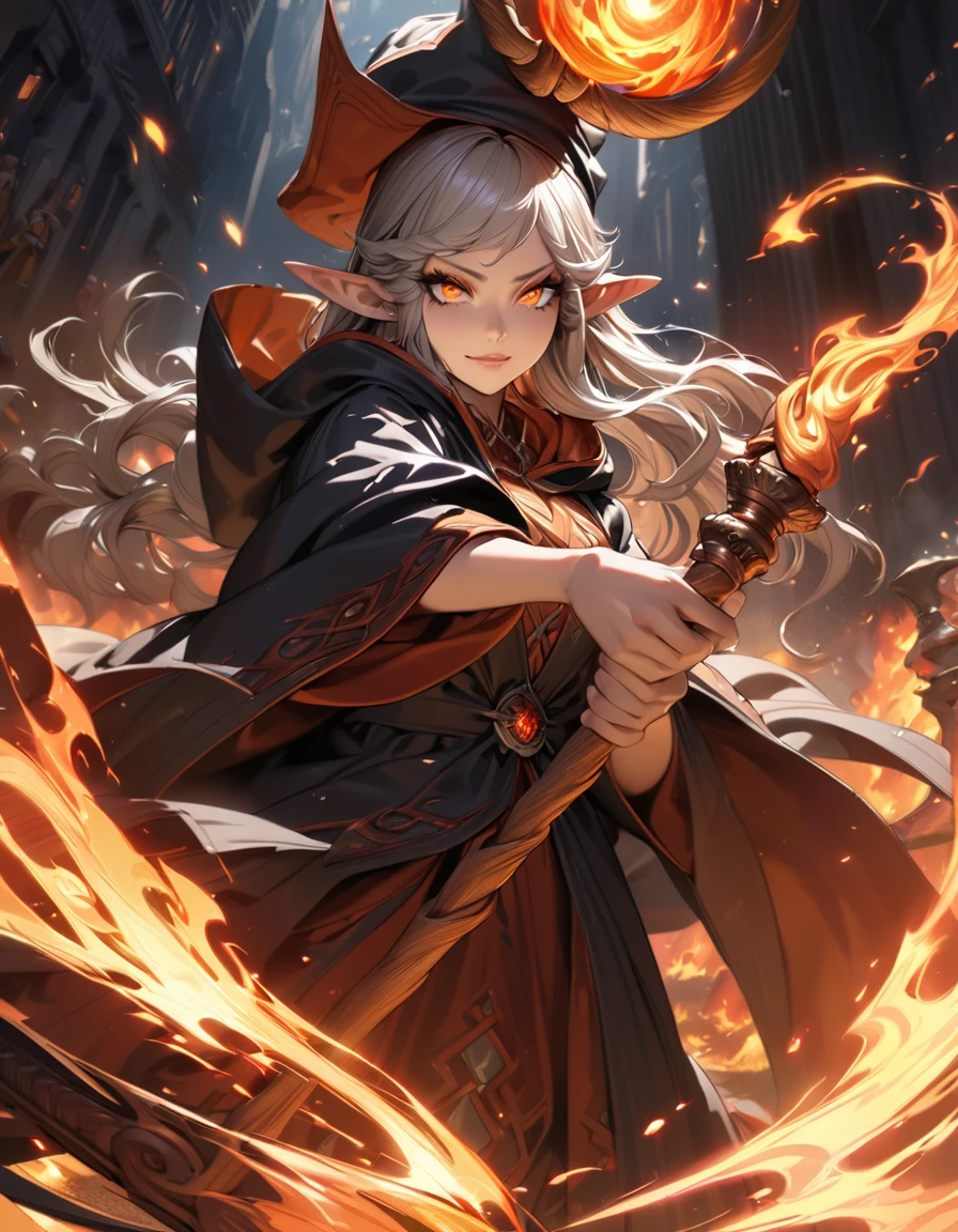 A cute hot elf girl fire mage, dramatic explosions of fire magic, mage hat, smirky expression, battle stance, dark robe, mage staff, detailed face, beautiful detailed eyes, beautiful detailed lips, extremely detailed eyes and face, long eyelashes, intricate details, masterpiece, 8k, ultra-detailed, photorealistic, concept art, vibrant colors, dramatic lighting